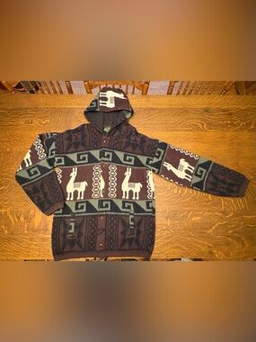 Vintage Tejidos Ruminahui Wool Ecuador Llamas Button Up Hooded Sweater Size XL